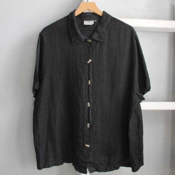 Hot Cotton Women's Black Short Sleeve Linen Silver Metal Button-Up Shirt Size 1X - Picture 1 of 5